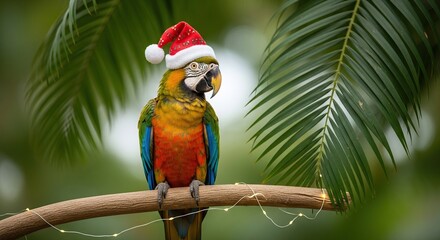 Festive colorful macaw parrot wearing a santa hat perched on a branch with blurred green foliage and subtle holiday lights creating a whimsical christmas scene