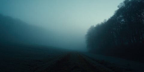 Fototapeta premium Mist settles over a quiet landscape as dawn breaks in a secluded forest area