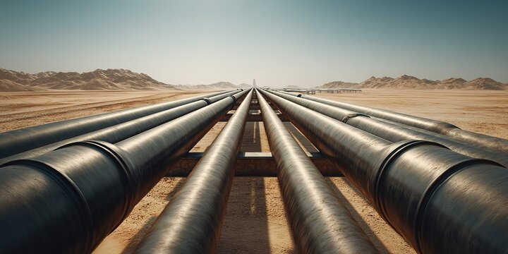Pipes running across a vast desert landscape under a clear sky in a remote location