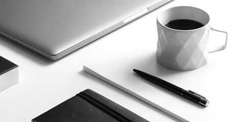 Workspace setting features a laptop, coffee mug, pen, and notebook on a clean desk in a bright, minimalist environment