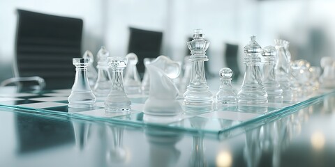 Crystal chess pieces on a glass board in a modern office setting during a strategic game session