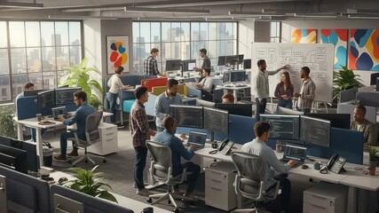 Diverse team collaborating in a modern, sunlit office with city views, focused on coding and project planning - Powered by Adobe