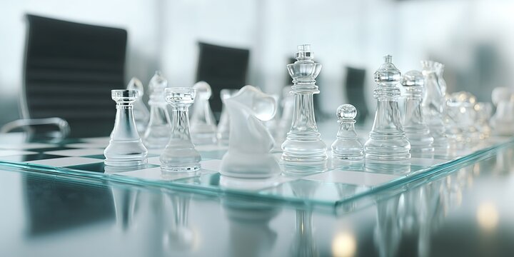 Crystal chess pieces on a glass board in a modern office setting during a strategic game session