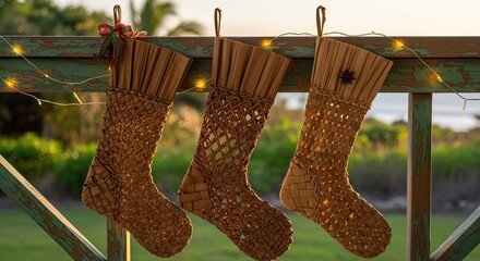 Three rustic woven christmas stockings hanging on a wooden railing outdoors with blurred green foliage and warm fairy lights in the background