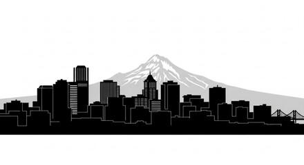 Fototapeta premium Silhouette of a cityscape with a mountain in the background on a white and gray backdrop view