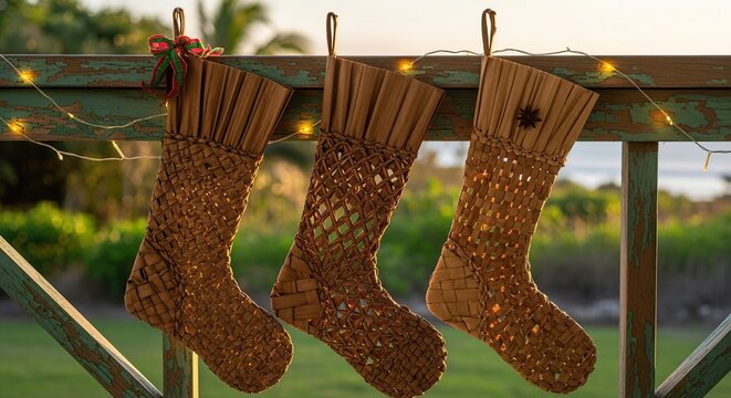 Three rustic woven christmas stockings hanging on a wooden railing outdoors with blurred green foliage and warm fairy lights in the background - Powered by Adobe
