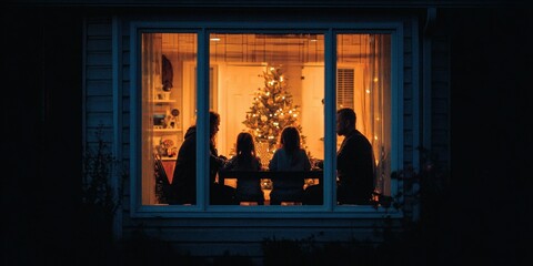 Families gather around a festive dinner table enjoying warm moments by the Christmas tree on a cozy winter evening