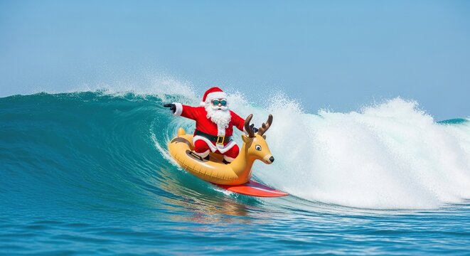 Santa claus riding a reindeer surfboard on a large ocean wave during a sunny day with a clear blue sky