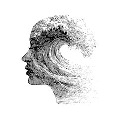Womans face with ocean wave inside