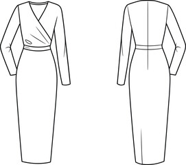 Elegant long sleeve wrap dress fashion flat sketch, women’s fitted midi dress technical drawing, apparel design template for sewing and illustration