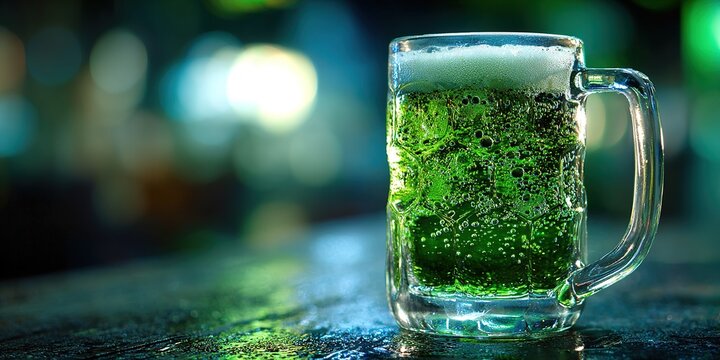 Refreshing green drink served in a clear mug on a bar table at night with colorful lights in the background