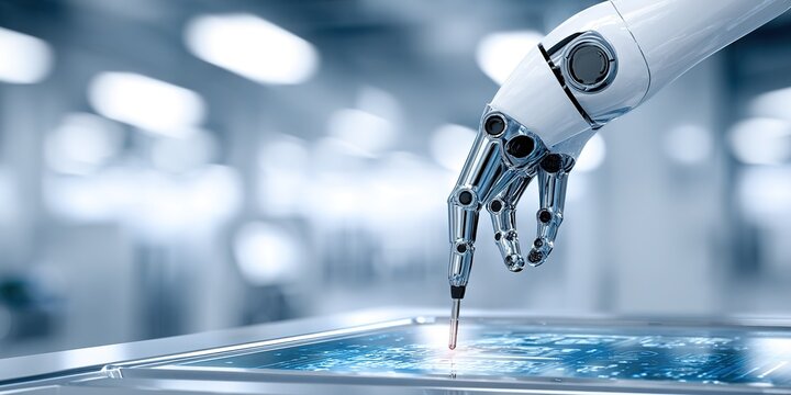 Robotic hand interacting with a digital display in a modern technology environment