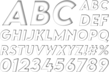 Engraved alpha letters font with numbers special signs transparent gray background
