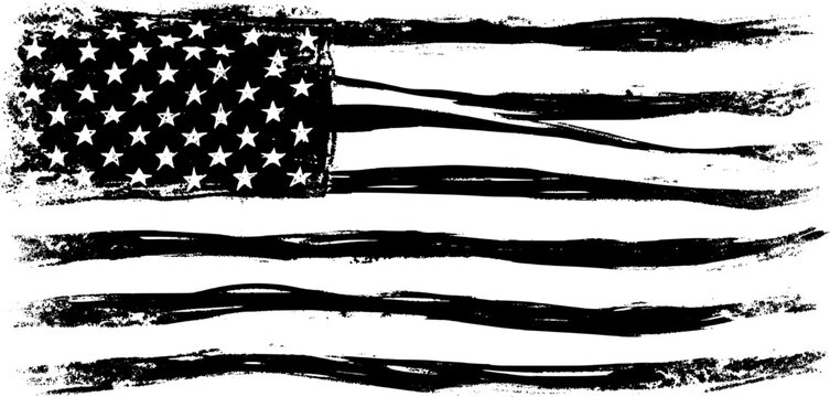 Distressed brushstroke USA flag vector. Artistic patriotic illustration in black and white design.