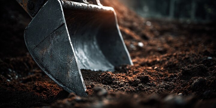 Close-up view of a metal excavator bucket digging into dark soil at a construction site during late afternoon light - Powered by Adobe