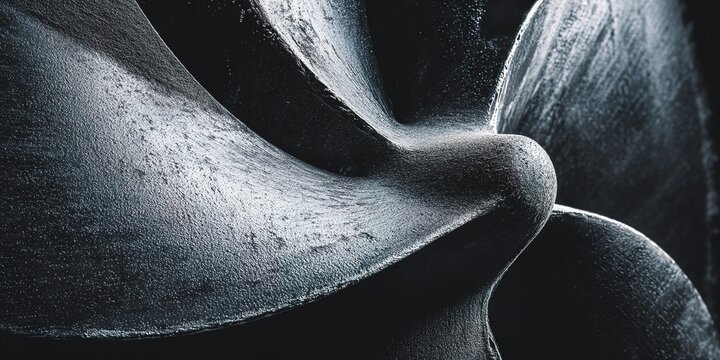 Close-up view of a black metal propeller showcasing detailed craftsmanship and texture in a workshop setting