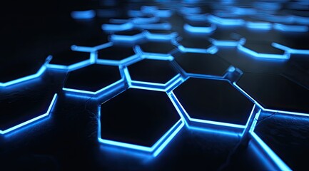 Hexagonal pattern with blue light emanating from the edges, shallow depth