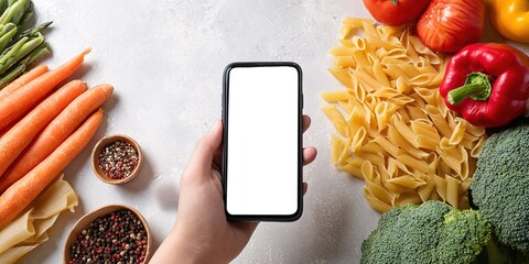 Healthy meal planning with fresh ingredients and a smartphone for recipe ideas in a modern kitchen setting