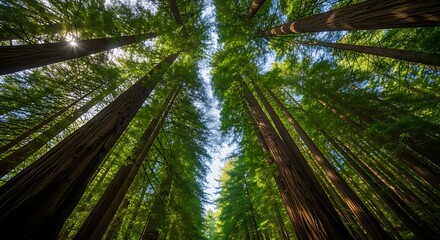Looking up through tall green forest trees