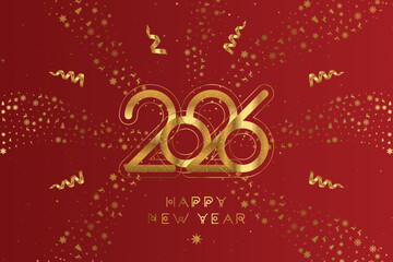 Luxury Happy New Year 2026 greeting card with golden numbers, confetti and snowflakes on red background. Elegant festive design for Christmas and New Year celebration. Flat vector illustration EPS10.