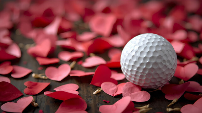white golf ball on wood background surrounded by red cut out paper red hearts for valentines day - Powered by Adobe