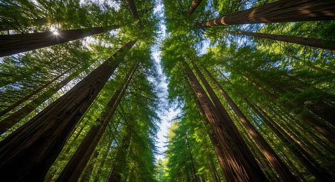 Looking up through tall green forest trees