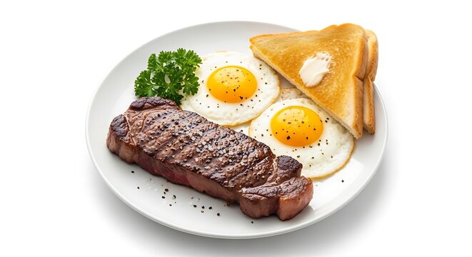 Hearty steak and eggs breakfast with toast and parsley