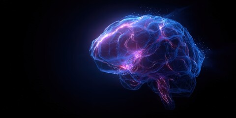 Vibrant representation of a brain using neon lights and glowing colors in a dark background