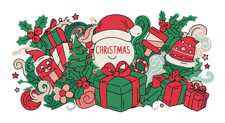 Whimsical Holiday Illustration with Gifts, Holly, and Christmas Elements