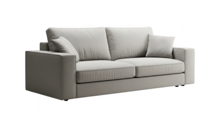 Modern light gray fabric sofa with plush pillows for comfortable living room seating illustration