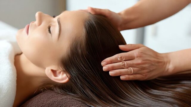 Serene Scalp Ritual: A serene scene unfolds as skilled hands delicately administer a scalp massage. A person experience profound relaxation and well-being.