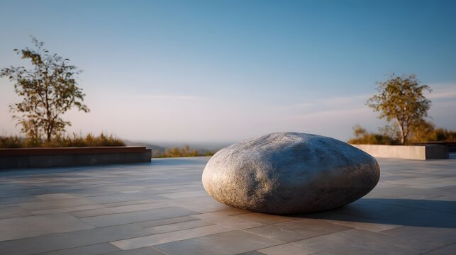 A large smooth stone sits prominently on a paved terrace with sparse trees and a clear blue sky