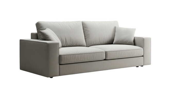 Modern light gray fabric sofa with plush pillows for comfortable living room seating illustration