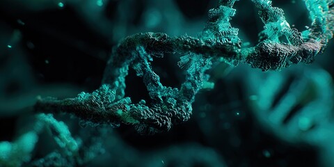 Exploring the intricate structure of DNA under a dark background with vibrant blue and green hues