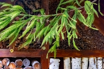 Beautiful green branches rest above a wooden insect hotel filled with natural elements in a serene garden setting