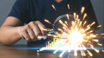 Person using a magnifying glass to analyze colorful bar graph and target on a smartphone screen - Powered by Adobe