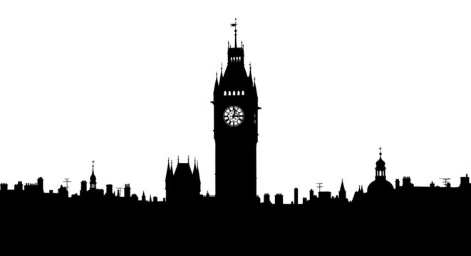 Silhouette of london cityscape featuring big ben and various buildings against a white background view