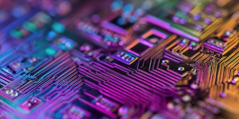 Colorful close-up view of a circuit board showcasing intricate details and patterns during the afternoon light