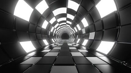 Black and white tunnel with glowing lights