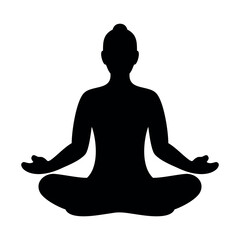Deep black silhouette of a person meditating in lotus pose, calm vector illustration.