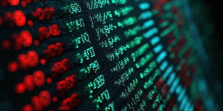 Stock market display showing price changes in red and green at a financial firm during trading hours - Powered by Adobe