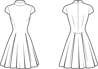 Elegant women dress technical flat sketch, short sleeve mock neck fit and flare design, front and back fashion template illustration