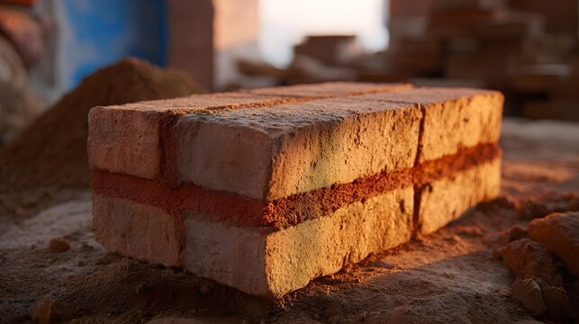 Close up of stacked raw red bricks with distinct mortar lines illuminated by the warm golden light of dawn on a construction site