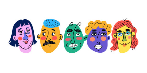 Colorful people face set. Funny portraits, modern abstract character in doodle style. Vector hand drawn illustration .VECTOR ICON