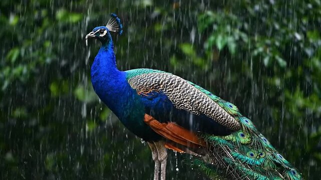 A vibrant peacock, showcasing iridescent feathers and intricate tail, under a refreshing summer shower