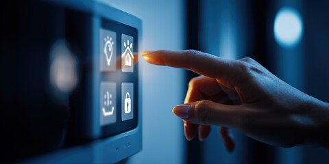 Smart home technology enhances convenience as a user interacts with a digital control panel at night