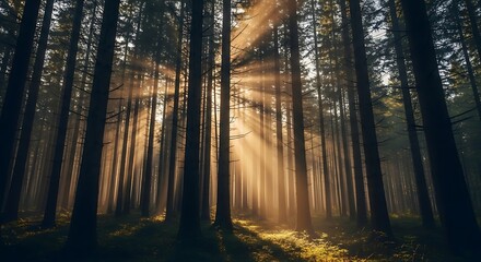 Obraz premium Sunbeams pierce through tall evergreen forest canopy