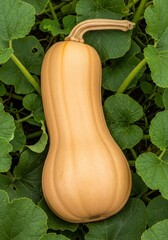 Fresh Butternut Squash Growing in Garden - A close-up shot of a butternut squash surrounded by green leaves, capturing the essence of fresh produce and garden harvests
