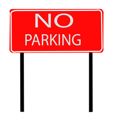 A red road sign displaying clear no parking message mounted on two vertical poles on white background 