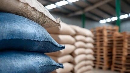 364Stacked rice bags in bulk storage warehouse, high-resolution shot showing texture, labels, and organized layout for market logistics - Powered by Adobe